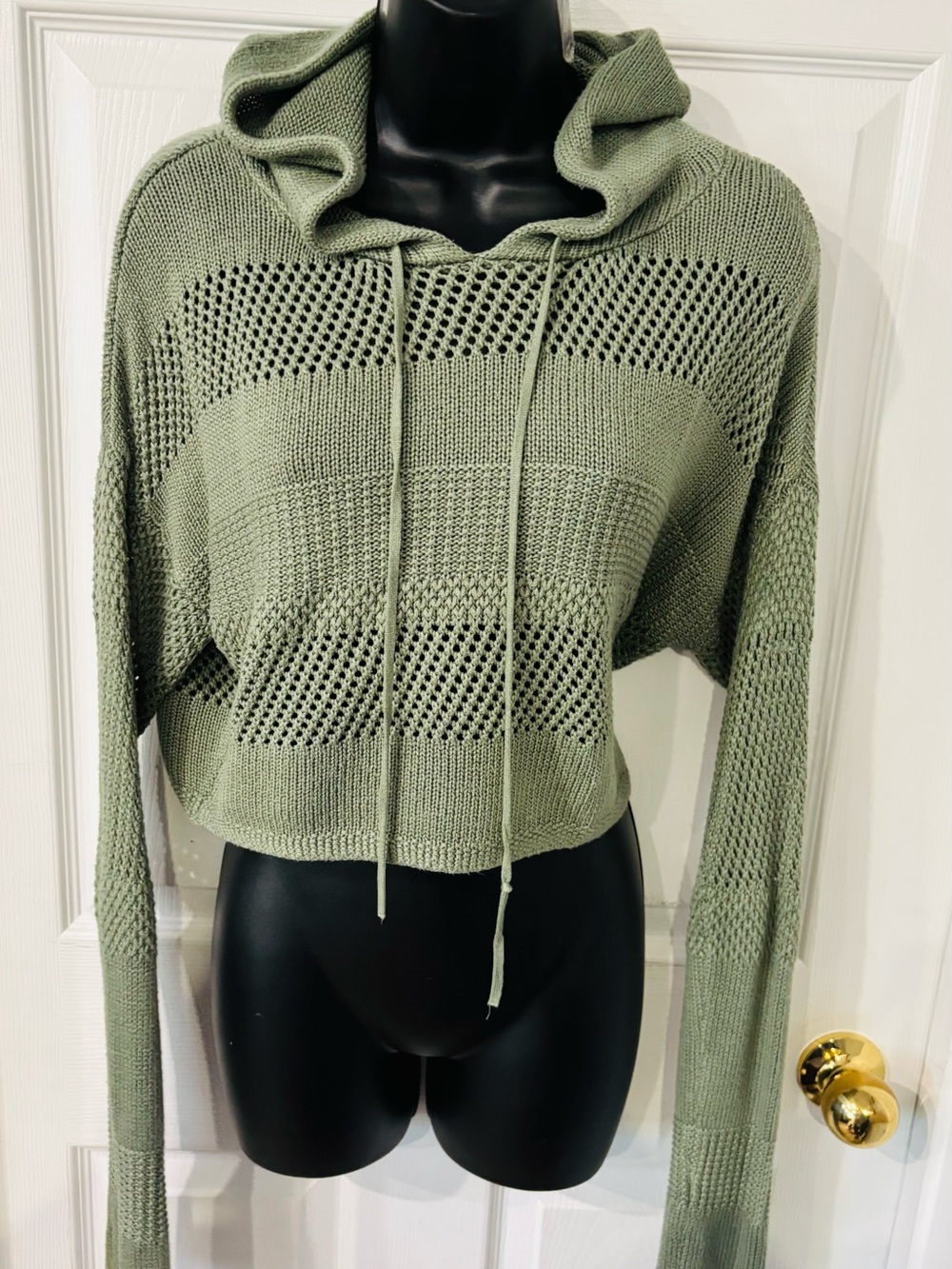 2/$20 Cropped Knit Hoodie in Olive Green